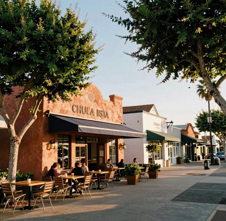 A vibrant, tree-lined street scene of Historic Third Avenue in Chula Vista, featuring cozy outdoor café seating, warm stucco architecture, and a welcoming community atmosphere under a bright San Diego sky.