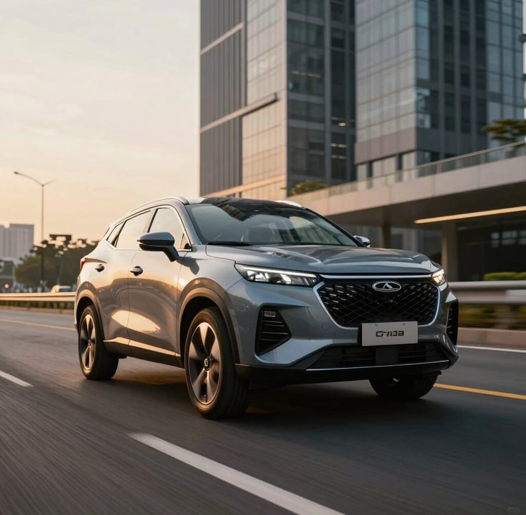 Low-angle dynamic three-quarter shot of a sleek grey Chery Omoda 5 SUV driving through a modern Petaling Jaya highway at golden hour, sharp reflections.