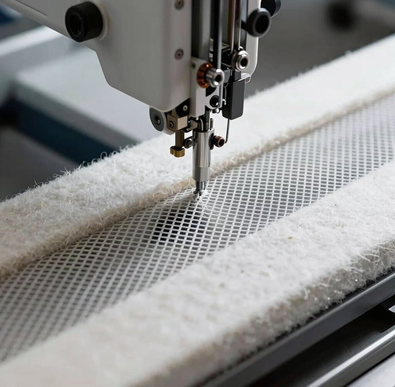 Detailed macro shot of the Strobel stitching process, showing the precise connection where the mesh capellada meets the thick felt-like plantilla, high-contrast industrial workshop lighting, 35mm