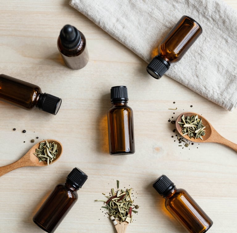Overhead flat-lay of amber glass tincture bottles, loose dried herbs, wooden spoon, and linen fabric on a clean oak table, soft diffused daylight, muted sage and cream tones.