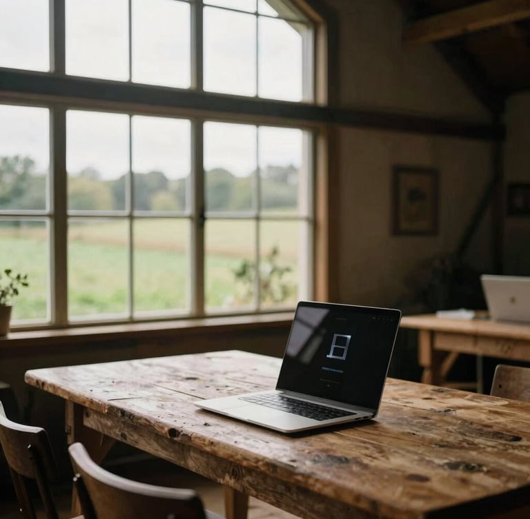A warm editorial photo of a converted barn office at Home Farm, rustic wooden tables paired with modern laptops, soft natural overcast English daylight shining through high windows, 35mm.
