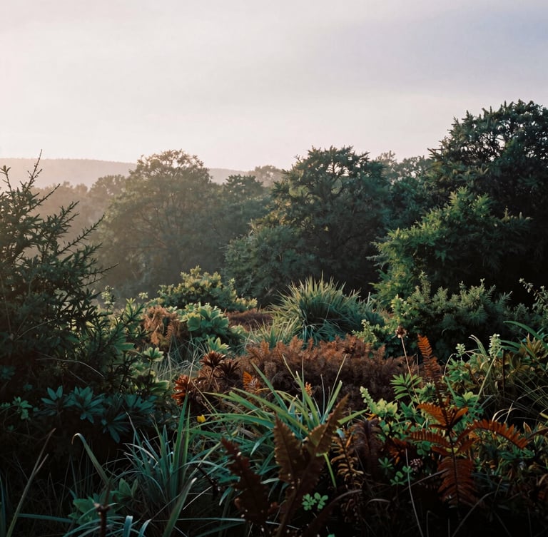 A quiet, high-contrast landscape photo of Snelsmore Common at dawn, soft overcast English daylight, deep forest green foliage in the background, misty atmosphere, 35mm photography.