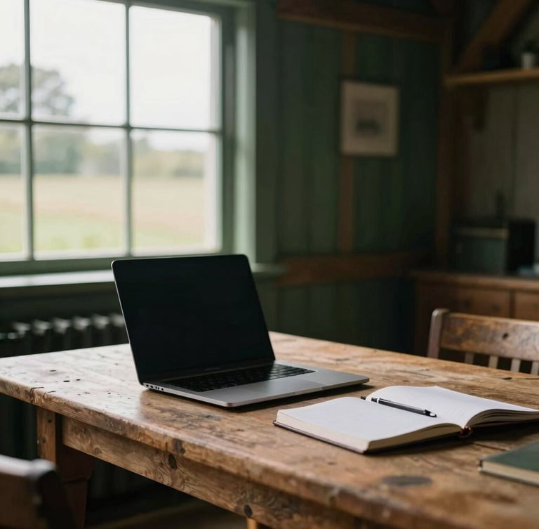 A warm editorial photograph of a rustic wooden table inside a converted barn office, soft overcast English daylight streaming through a window, a modern laptop and thick paper notebook visible, deep forest green tones.