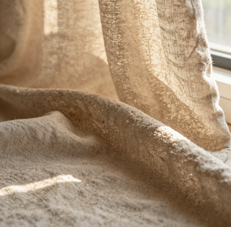 Close-up of premium linen fabric texture, soft natural golden hour window light, warm sand tones