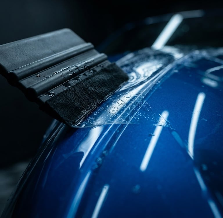Extreme close-up of a squeegee smoothing high-gloss paint protection film over a clean sports car fender, crisp studio lighting, electric blue highlights, water droplets.