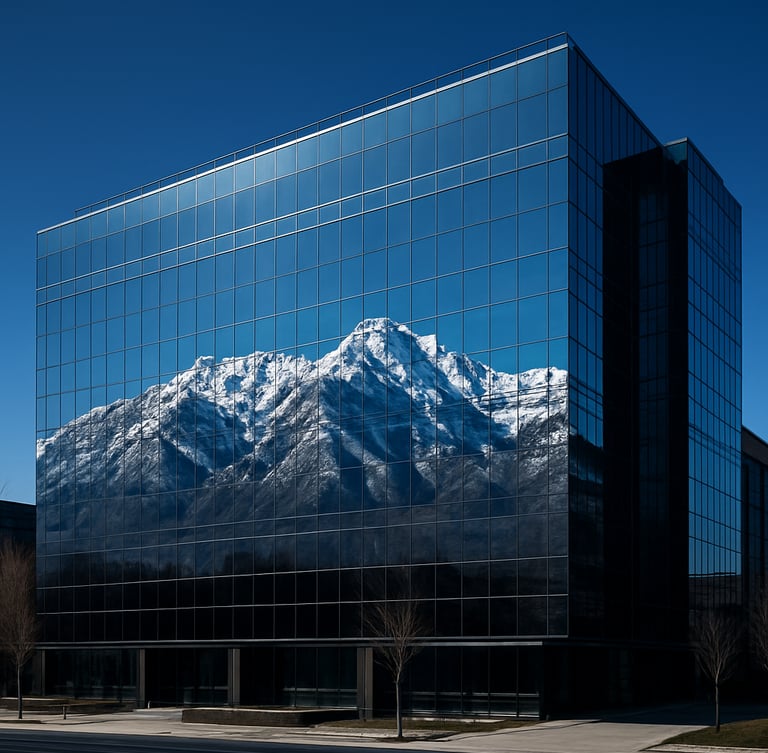 Wide angle shot of a modern glass office building in Salt Lake City reflecting the snowy Wasatch range, bright crisp natural sunlight