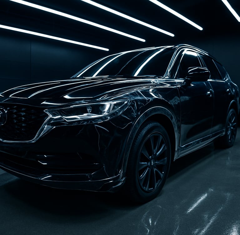 High-contrast interior photography of a cleanroom-grade automotive styling bay, overhead LED light bars reflecting off a dust-free concrete floor, a black vehicle prepped for film.