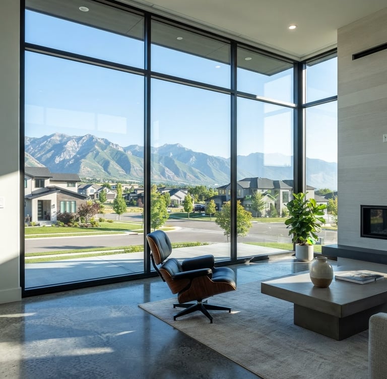Bright sun-drenched modern home interior in Riverton Utah, large floor-to-ceiling windows showing clean suburban landscape, natural high-contrast sunlight, razor-sharp focus on glass clarity