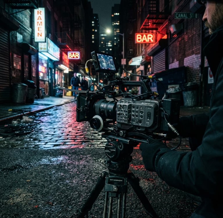 Dynamic low-angle shot of a high-end cinema camera rig (Sony FX9) with prime lens, in a moody, neon-lit NYC alley at night, sharp focus on the gear, deep shadows, gritty urban editorial style.