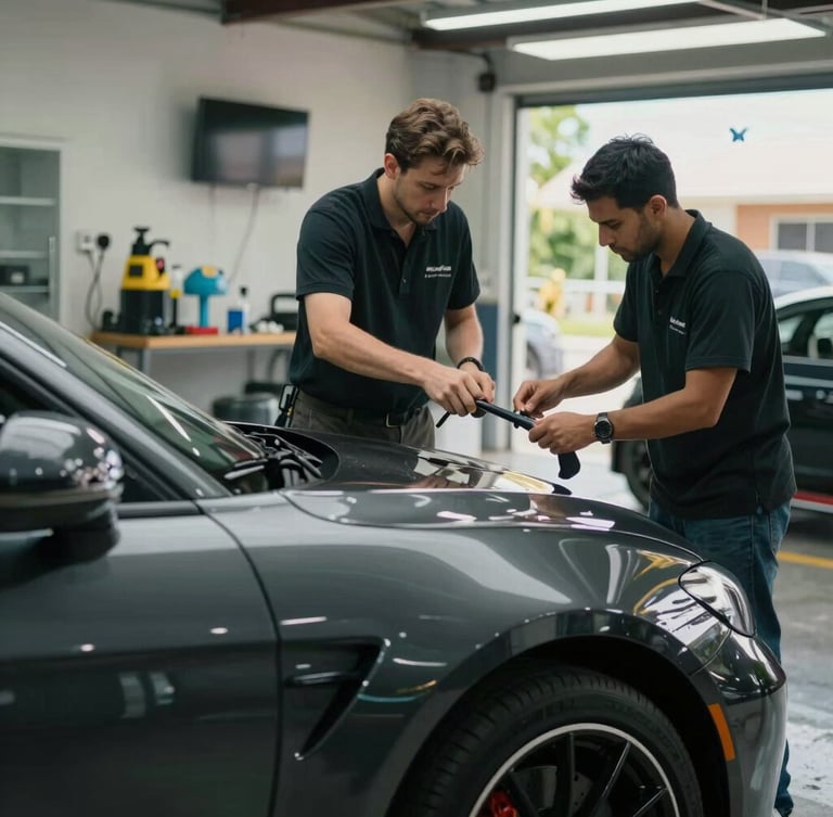 Environmental shot of a professional car detailing bay in Puerto Rico, soft natural light reflecting off a polished dark sports car.