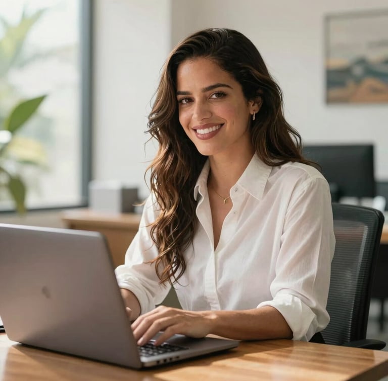 Medium-close portrait of Rosalía Rojas in a bright San Juan office, smiling confidently, looking directly at the camera, laptop open on a wooden table, warm natural Caribbean daylight.