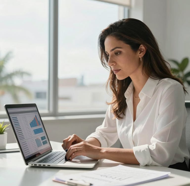 Portrait of Rosalía Rojas González in a brightly lit, modern San Juan office, analyzing complex business data on a laptop screen with a focused, professional expression. Soft Caribbean daylight streaming through a large window, clean high-contrast composition.
