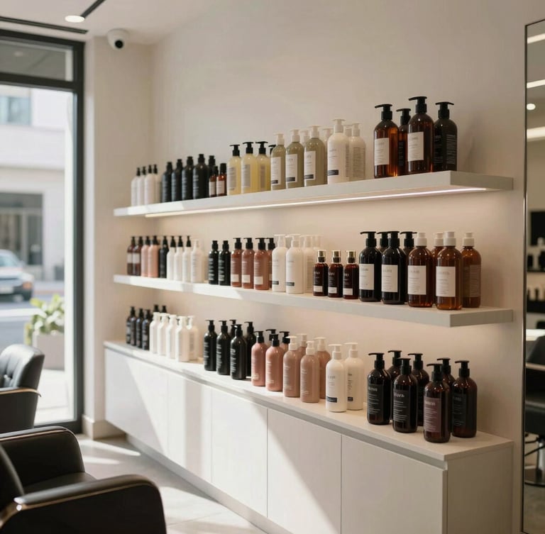 Medium shot of a high-end modern hair salon interior in San Juan, natural daylight, clean minimalist shelves displaying luxury hair products.