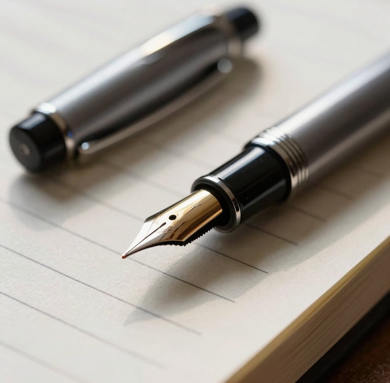 Macro close-up of a fountain pen resting on a heavy-weight paper ledger book, soft natural morning side-light, shallow depth of field.