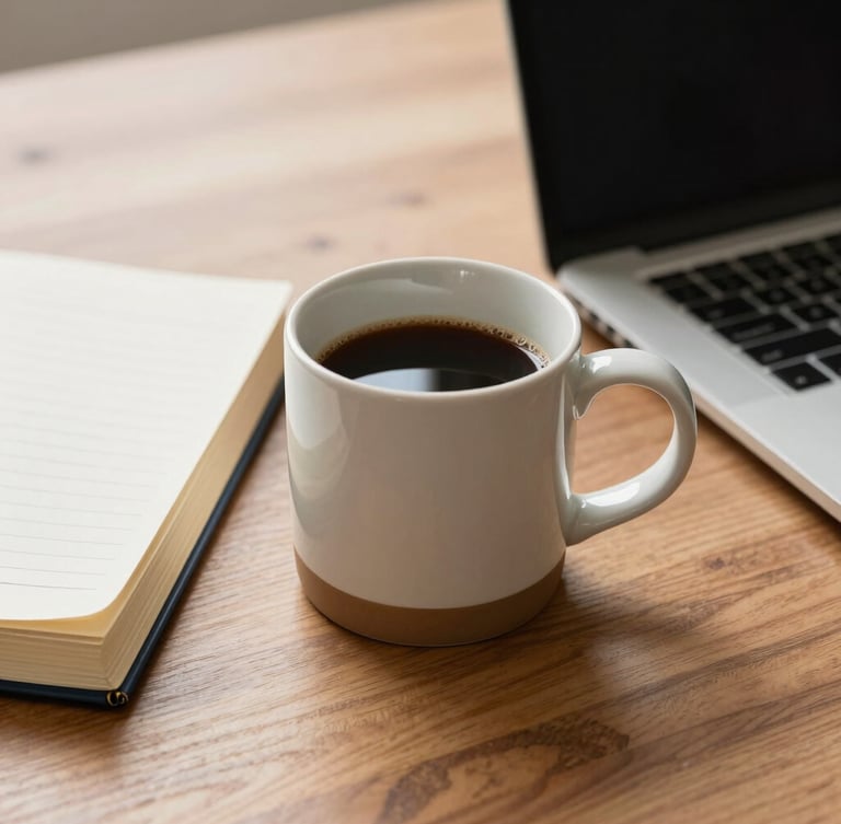 Medium close-up shot of a ceramic coffee mug next to a vintage ledger book and a sleek laptop on a warm wooden desk, soft natural side-lighting.