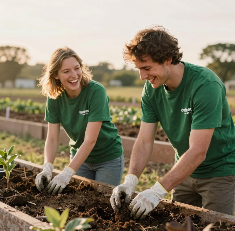 A warm, candid medium shot of two volunteers in work gloves, laughing while planting a community garden in soft golden-hour daylight, earthy green tones.