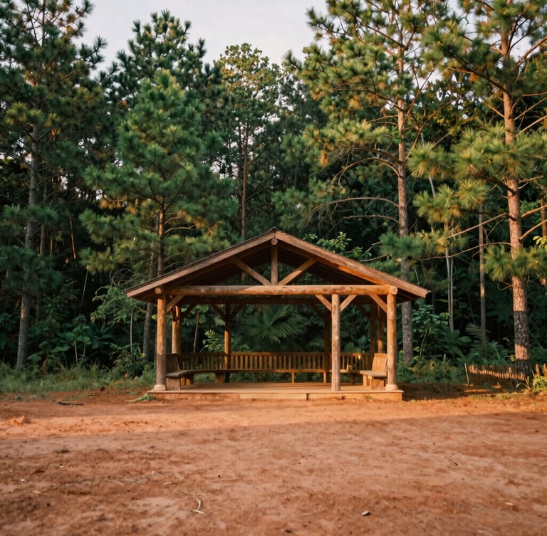 Wide shot of a rustic wooden pavilion in Waleska, Georgia, surrounded by deep green pine forests, soft overcast daylight, warm clay soil in the foreground