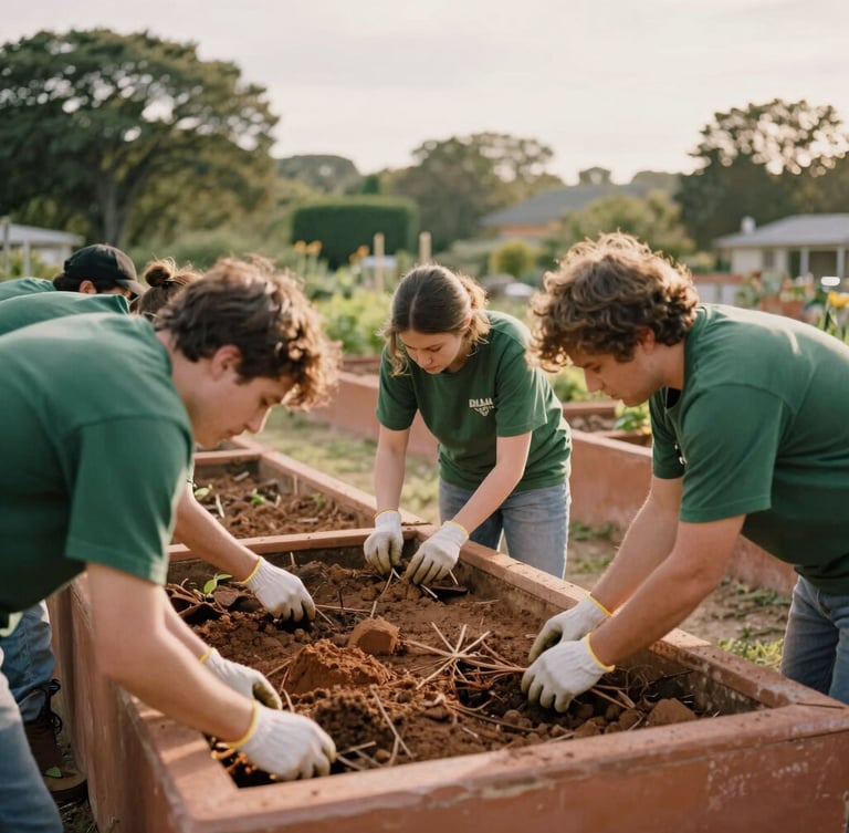 A wide-angle shot of volunteers in work gloves working side-by-side to build a community garden bed, warm overcast daylight, soft clay terracotta and forest green tones, candid framing.