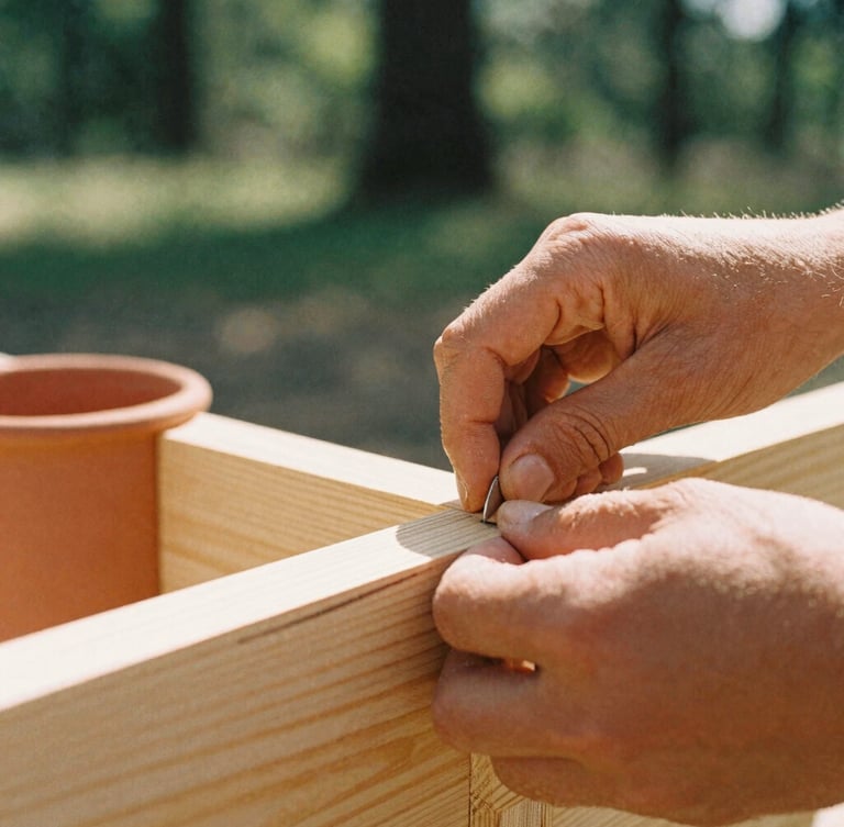 Candid close-up of hands working together to assemble a wooden structure, warm natural daylight, soft clay terracotta accents, 35mm film aesthetic.