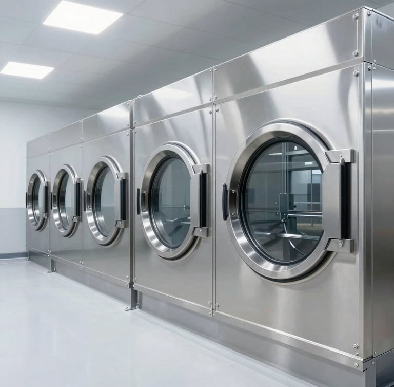 Wide-angle industrial laundry facility, pristine stainless steel wash tunnels, bright clinical cold lighting, crisp reflections, high-end commercial photography, 35mm