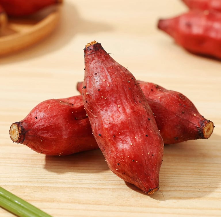 Bright editorial food photography of vibrant red scotch bonnets and textured yams on a clean wooden table, warm daylight, shallow depth of field, 50mm