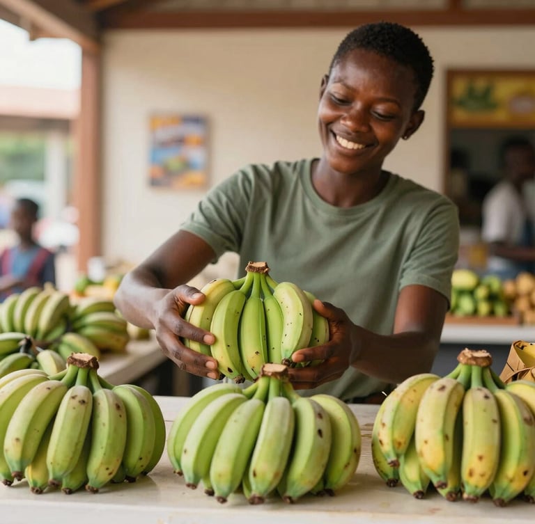 Straight-on eye-level shot of a clean, bright African grocery counter, a friendly family member arranging fresh green plantains, warm natural daylight