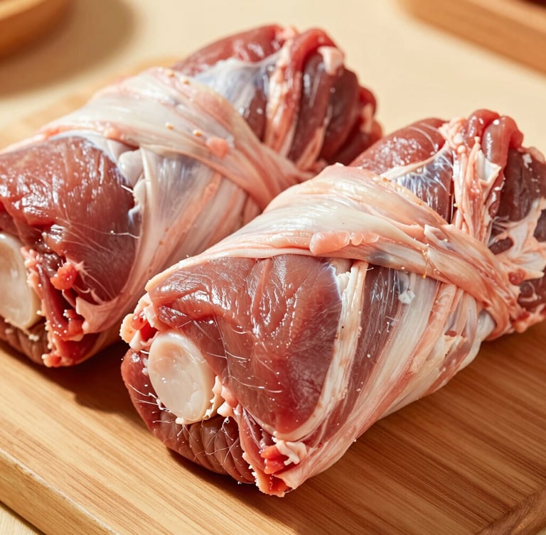 Macro close-up of neatly wrapped, high-quality traditional cuts of goat meat on a clean wooden prep block, bright natural daylight, shallow depth of field, 50mm