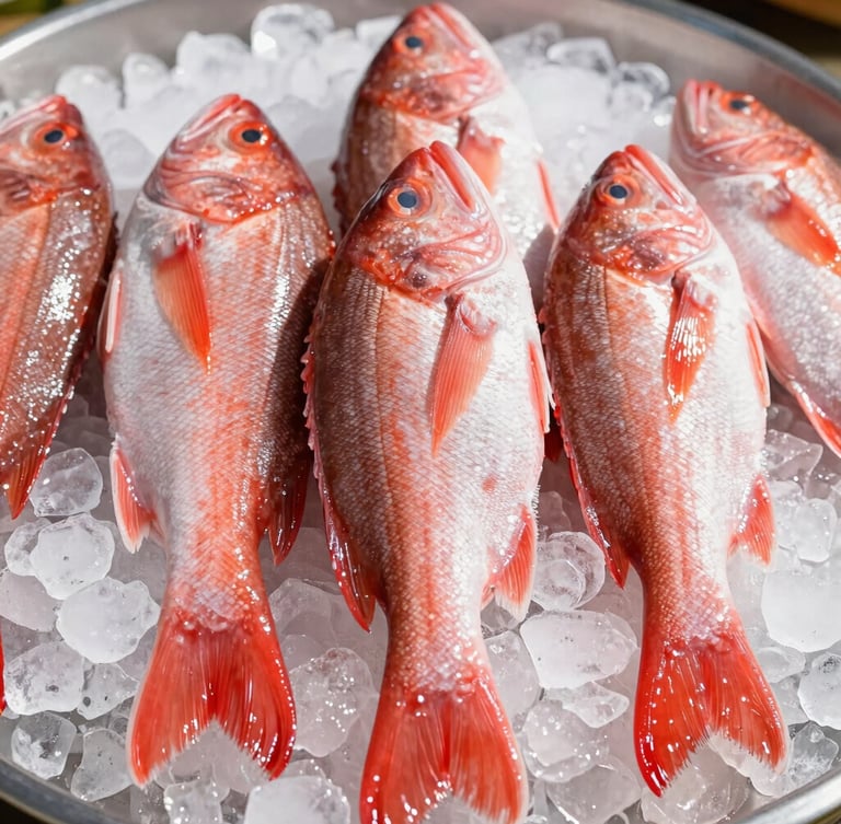 Straight-on eye-level shot of glistening fresh whole red snapper resting on clean crushed ice, warm natural daylight, vibrant saturated colors, shallow depth of field, 50mm