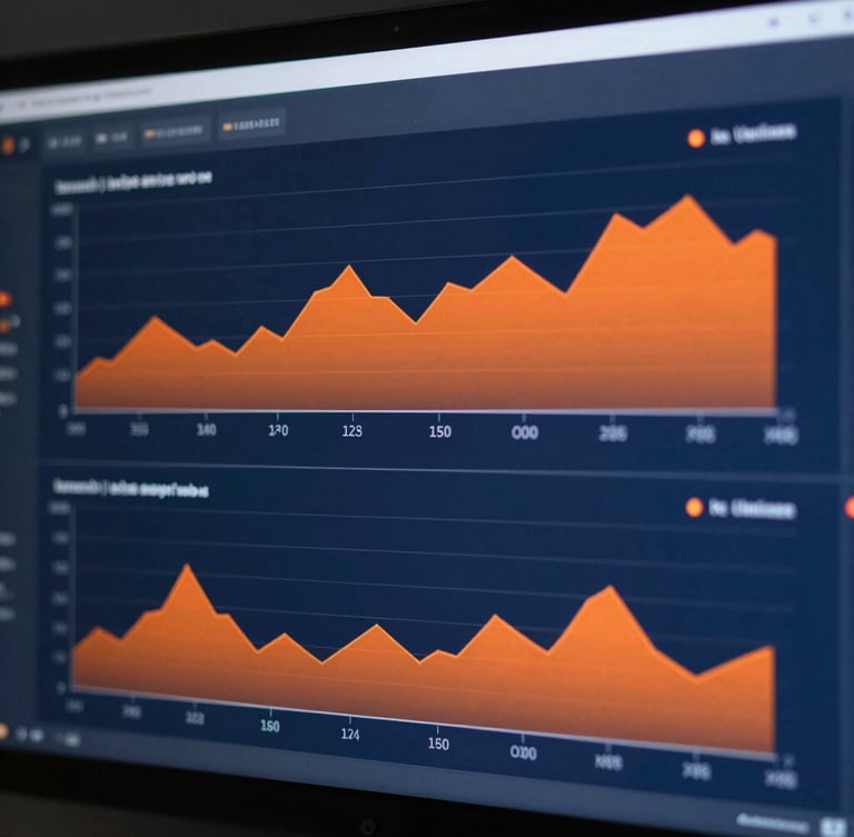 Flat vector UI mockup of server performance metrics, displaying continuous uptime graphs and load-stress response times in deep blue and crisp orange.