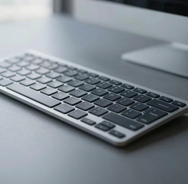 A clean, minimalist administrative workspace with a modern keyboard, cool diffused office daylight, desaturated slate tones, macro focus