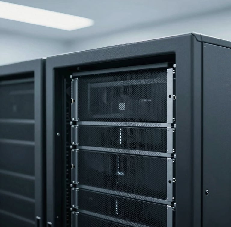 Macro photograph of a clean, minimalist server rack in a modern datacenter, cool diffused office daylight, desaturated slate and navy tones, clean macro focus.