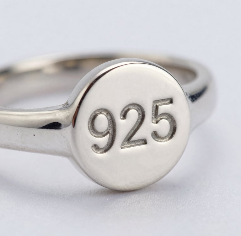 Extreme close-up of a 925 hallmark stamp on a minimalist silver ring, cool diffused daylight, sharp metallic highlights, macro lens.