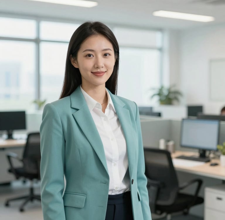 professional corporate photography, bright natural office daylight, clean modern workspace, soft teal tones, shallow depth of field