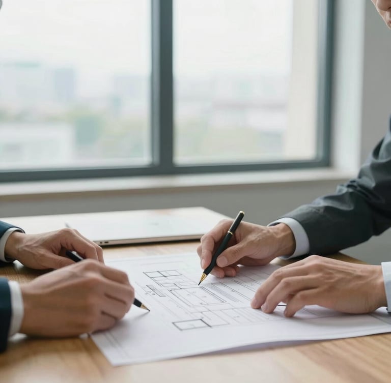 A clean modern office window with natural light, hands of professionals working on a blueprint over a wooden table, soft teal accents, shallow depth of field