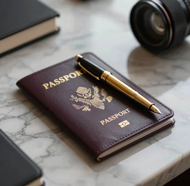 An elegant close-up of a dark leather passport holder and gold fountain pen resting on a polished marble desk, soft side lighting, corporate luxury.