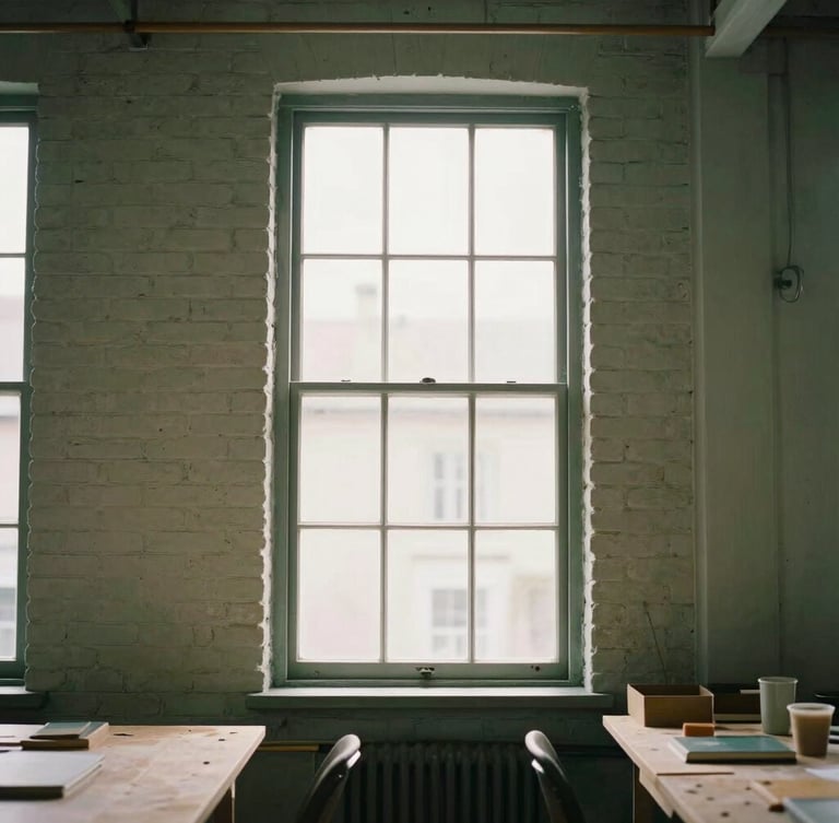 Environmental portrait of a community workshop in a high-ceilinged brick building, soft natural window light, muted forest green tones, shallow depth of field, 35mm