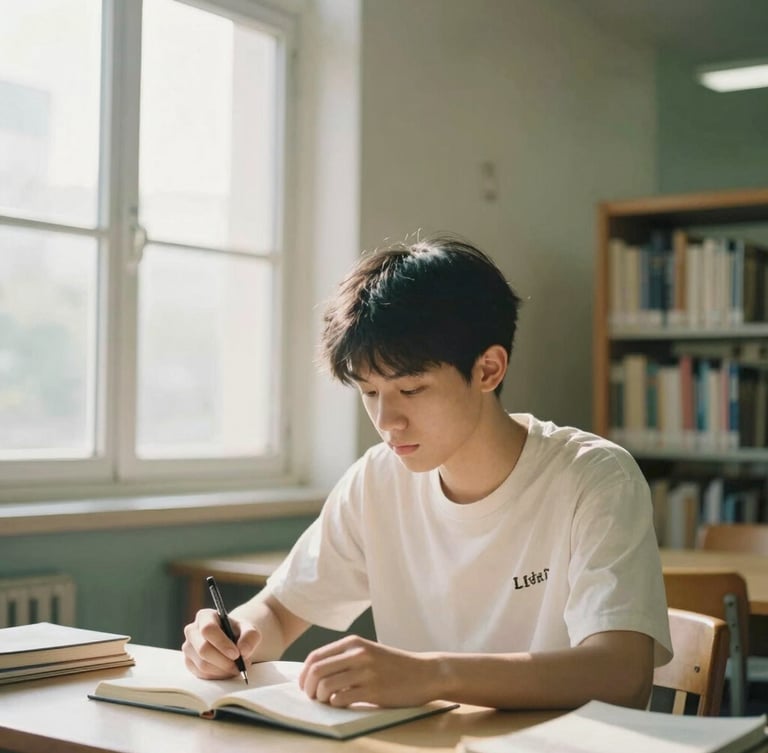 A student in a focused study environment, soft natural window light, architectural details of a quiet library in the background, 35mm warm editorial photography.