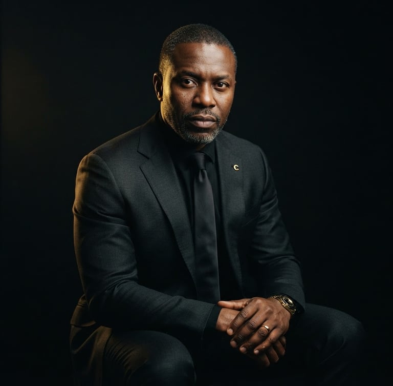 Dramatic low-key studio portrait of a sovereign black male consultant in a tailored dark suit, subtle golden rim light, deep obsidian background, cinematic 35mm.