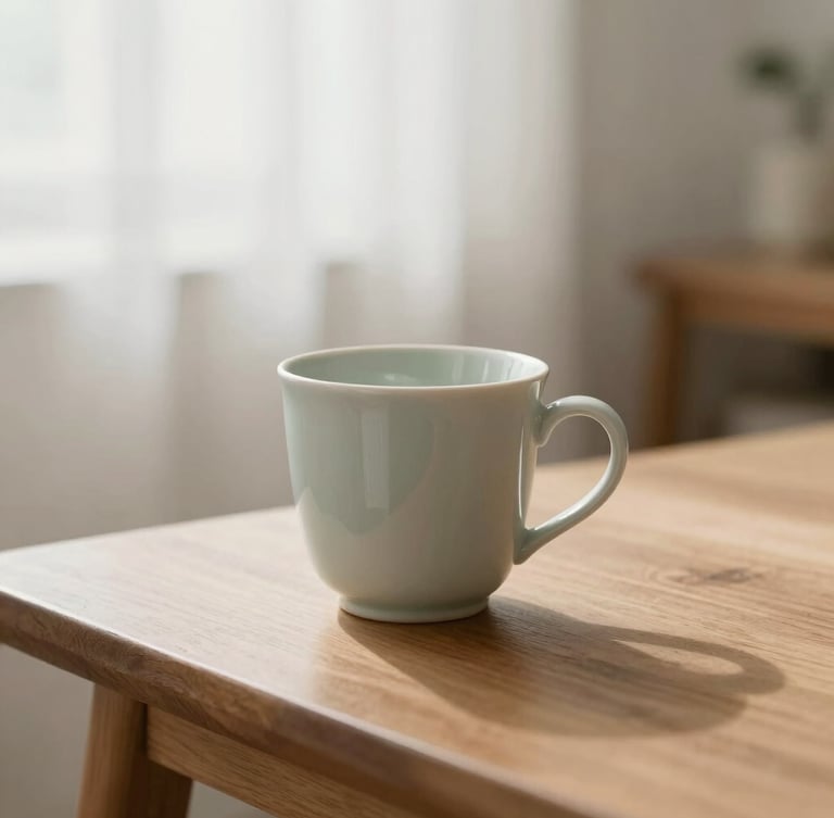 Soft, diffused overcast daylight illuminating a quiet domestic room, a ceramic cup on a wooden table with soft shadows, muted sage and warm cream tones, shallow depth of field