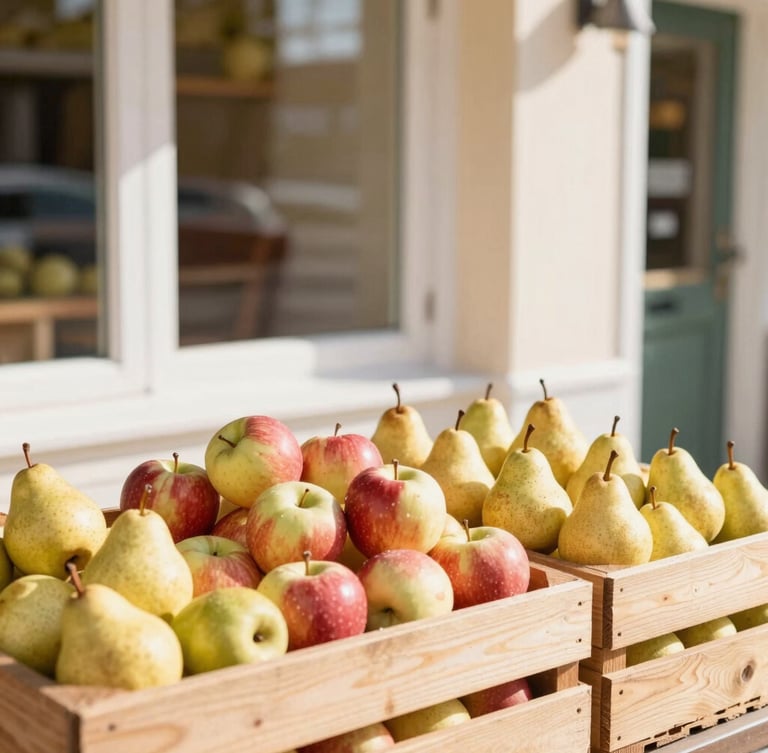 Warm, inviting view of a clean storefront with wooden crates of fresh apples and pears outside, soft morning daylight, cozy neighborhood vibe