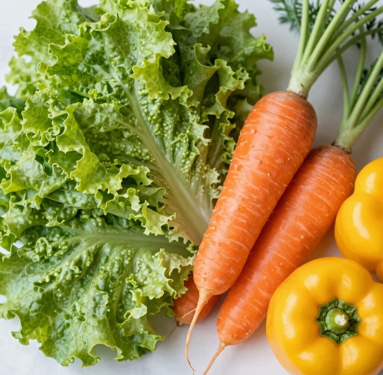 Overhead shot of vibrant fresh vegetables, bright green lettuce, orange carrots, and yellow bell peppers on a clean light background, natural morning light