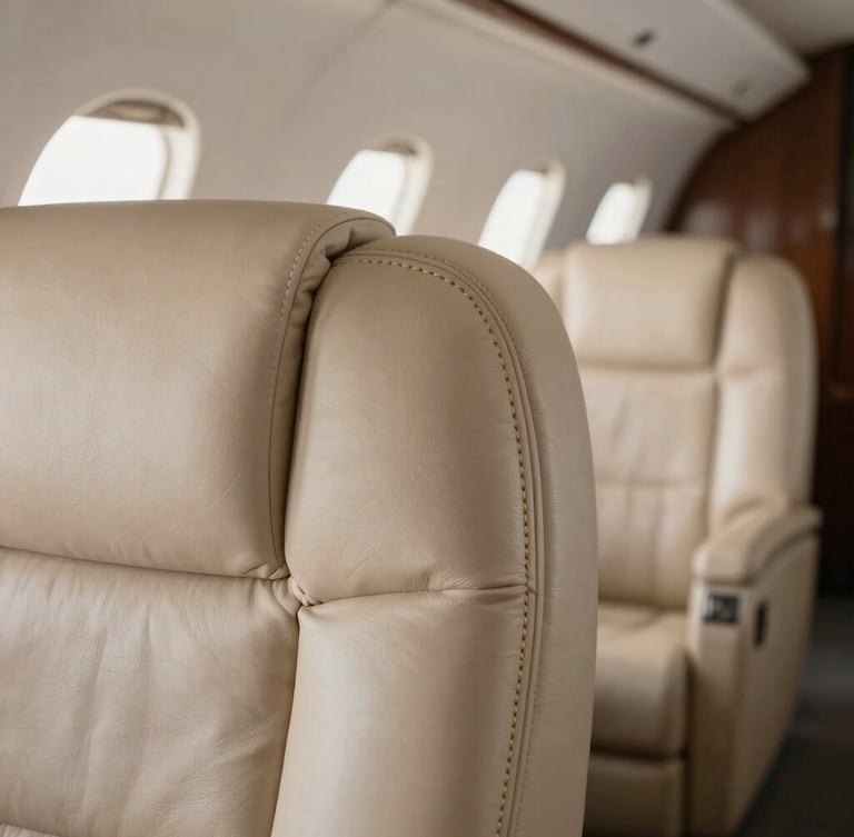 Extreme close-up macro shot of hand-stitched champagne gold leather detailing on a private jet cabin seat, natural low-key lighting, shallow depth of field