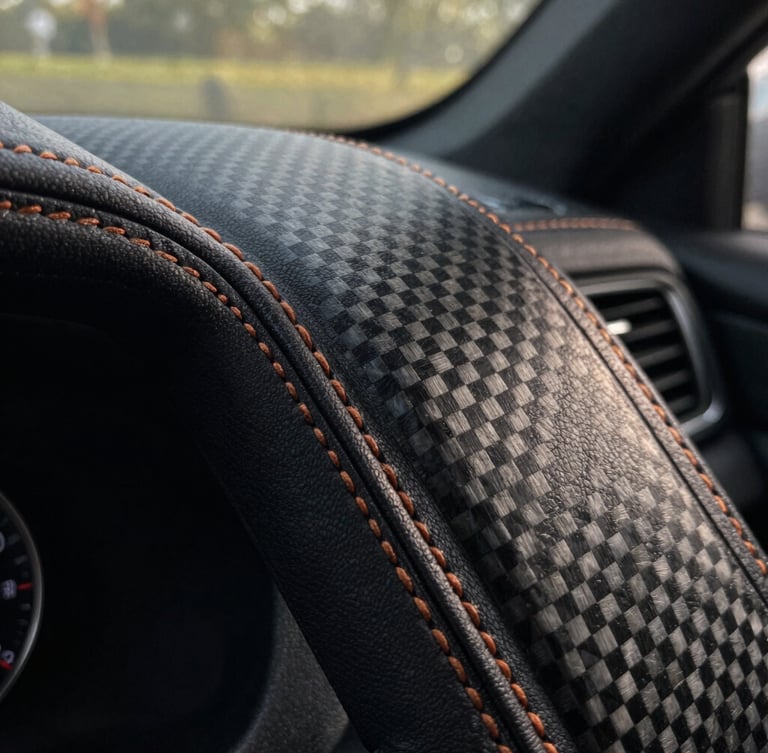 Extreme macro shot of hand-stitched leather and carbon fiber detailing inside a bespoke cabin, natural low-key lighting.