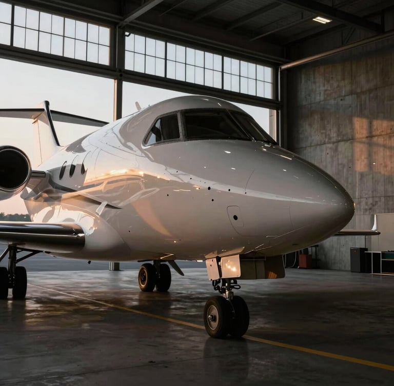 A dramatic, low-key wide shot of a private jet nose cone resting inside an architectural concrete hangar, soft twilight filtering through high windows, deep shadows.