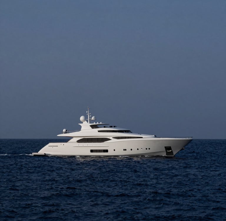 Wide-angle cinematic shot of a sleek 80-meter custom superyacht cruising through deep indigo water at dusk, low-key natural light highlighting the sharp architectural lines of the hull, minimalist composition with ample negative space.