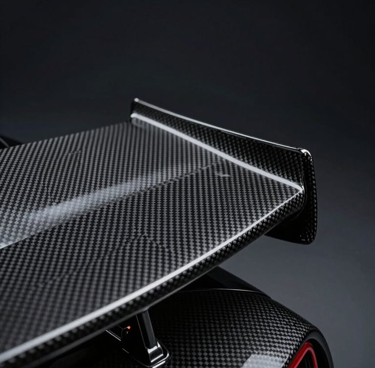 Extreme close-up of carbon fiber weave on a hypercar wing, low-key dramatic lighting, dark obsidian background, sharp focus.
