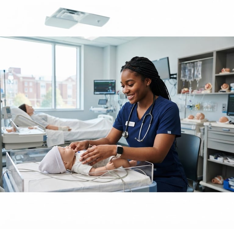 Diverse female nursing student in clean uniform, practicing infant care on a high-fidelity simulation mannequin in a modern skills lab, bright natural daylight, crisp cool tones, medium-format lens, wide panoramic frame with student off-center to the right, bleed to the canvas edge.