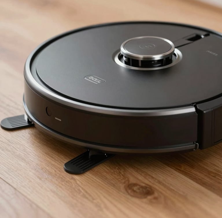 Low-angle close-up of a matte black robotic cleaner crossing a hardwood threshold, crisp studio lighting with metallic silver highlights
