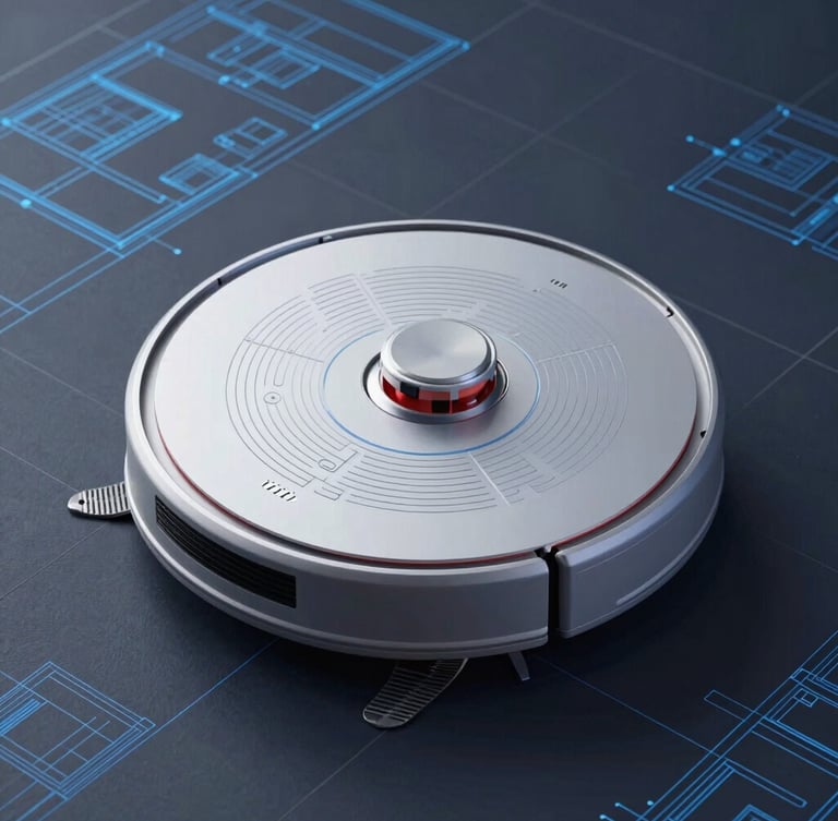 Overhead architectural floor layout with a robotic vacuum mapping path overlay, cool digital blueprint aesthetic, crisp blue and charcoal lines