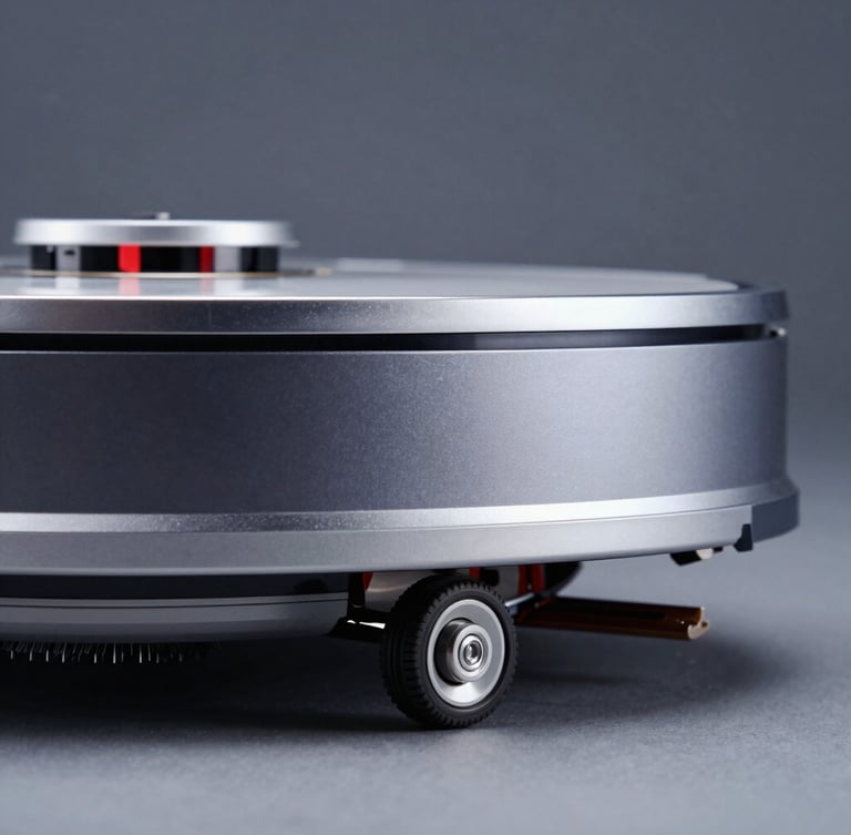 Sleek robotic vacuum cleaner underside, macro shot of the high-clearance wheels and anti-tangle brush architecture, cool metallic lighting, industrial studio setting